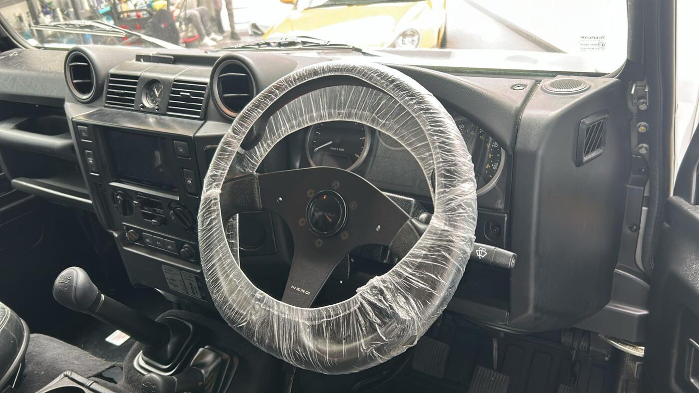 Land Rover Defender interior, protected steering wheel